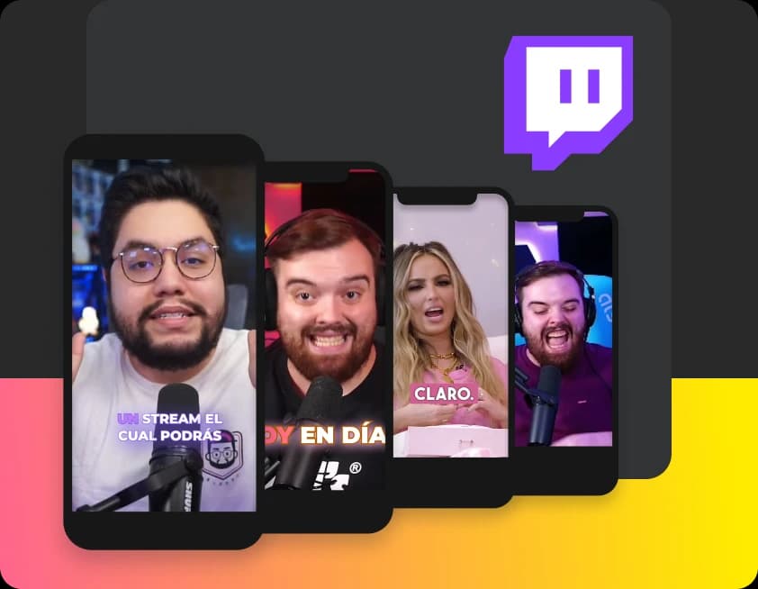 Vier Smartphones mit Twitch-Clips, die die schnelle Erstellung von Inhalten veranschaulichen.