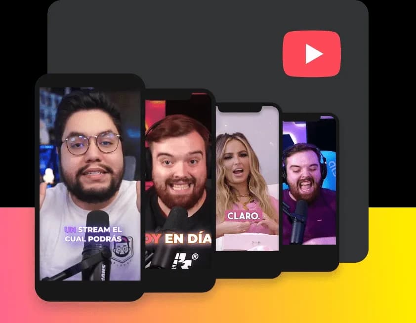 Quattro smartphone che mostrano clip di YouTube che illustrano la creazione rapida di contenuti.