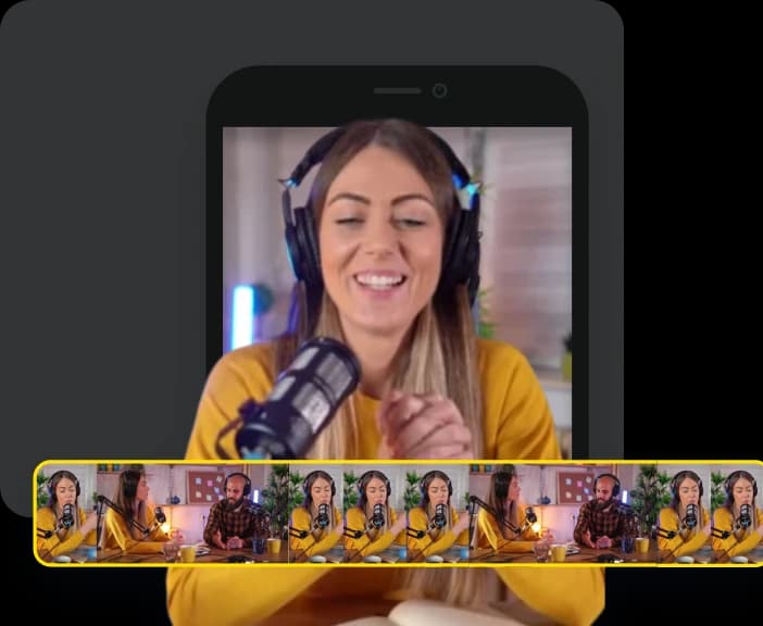 Podcaster feminina em formato de vídeo vertical mostrado ao lado da linha do tempo horizontal do vídeo.