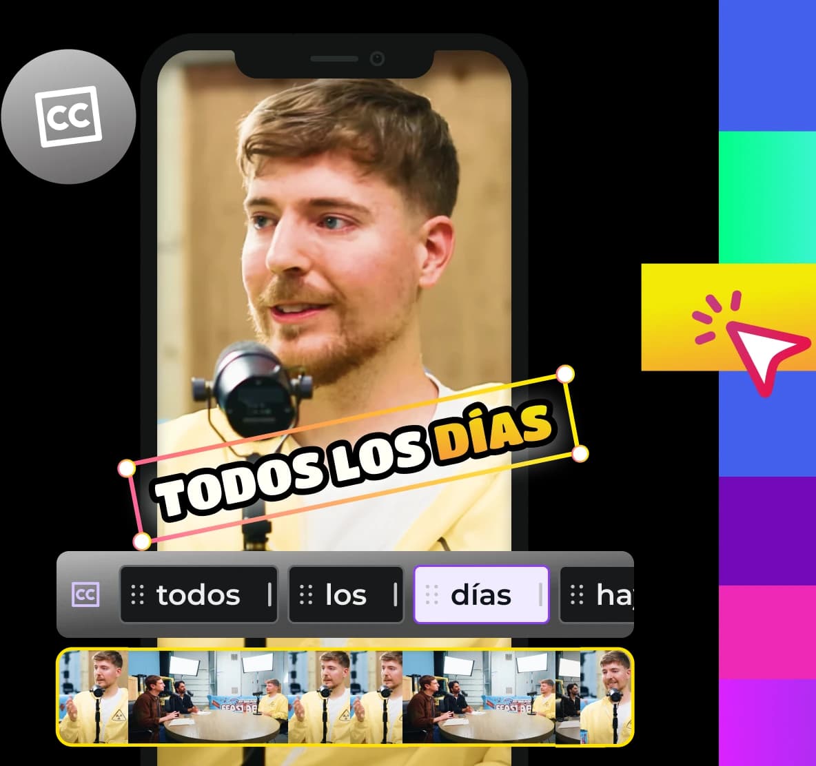 Interface de edição de legendas de clipes com vídeo vertical e barra de cores para personalização