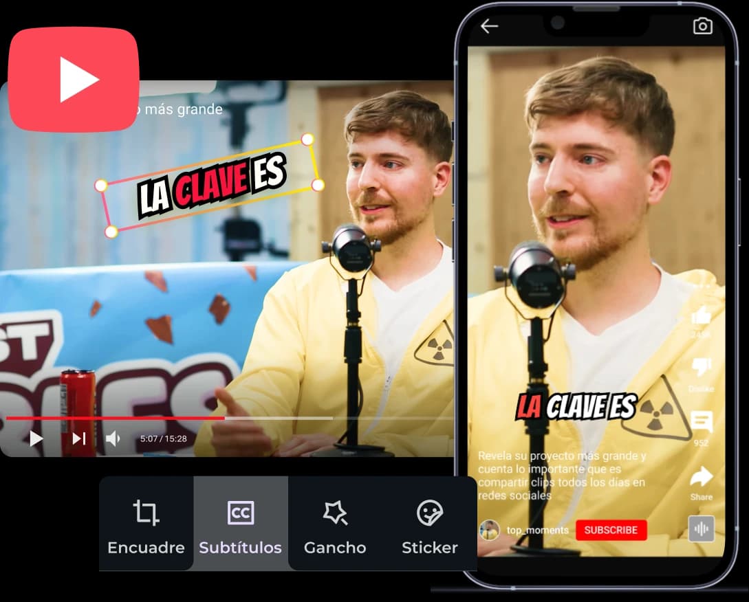 Interfaz de edición de clips YouTube: video de youtuber con micrófono y opciones de encuadre, subtítulos y stickers
