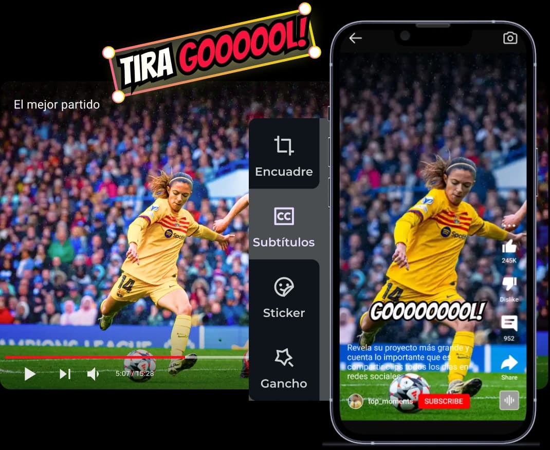 Interface de edição de vídeo esportivo: opções de enquadramento e vídeo esportivo, legendas e adesivos