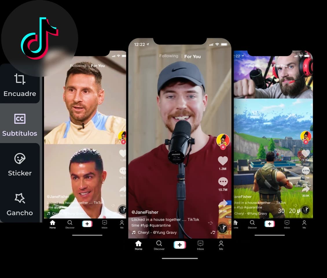 TikTok-Editor-Oberfläche mit mehreren Bildschirmen, die Bearbeitungsfunktionen sowie verschiedene Sport- und Spielclips anzeigen
