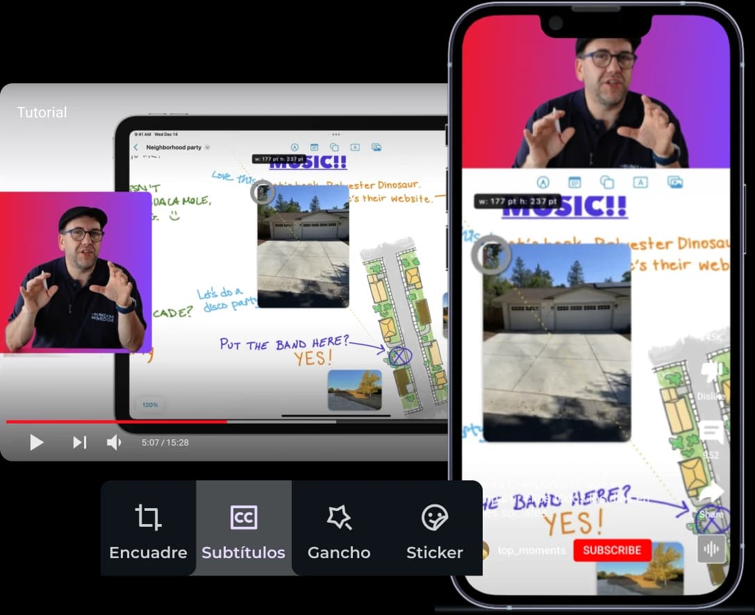 Interface de montage vidéo du didacticiel : vidéo du didacticiel et options de cadrage, sous-titres et autocollants