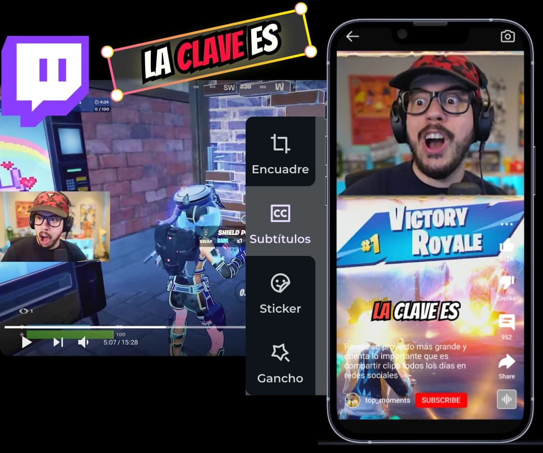 Interface de edição de clipes Twitch: streamer de vídeo e enquadramento, legendas e opções de adesivos